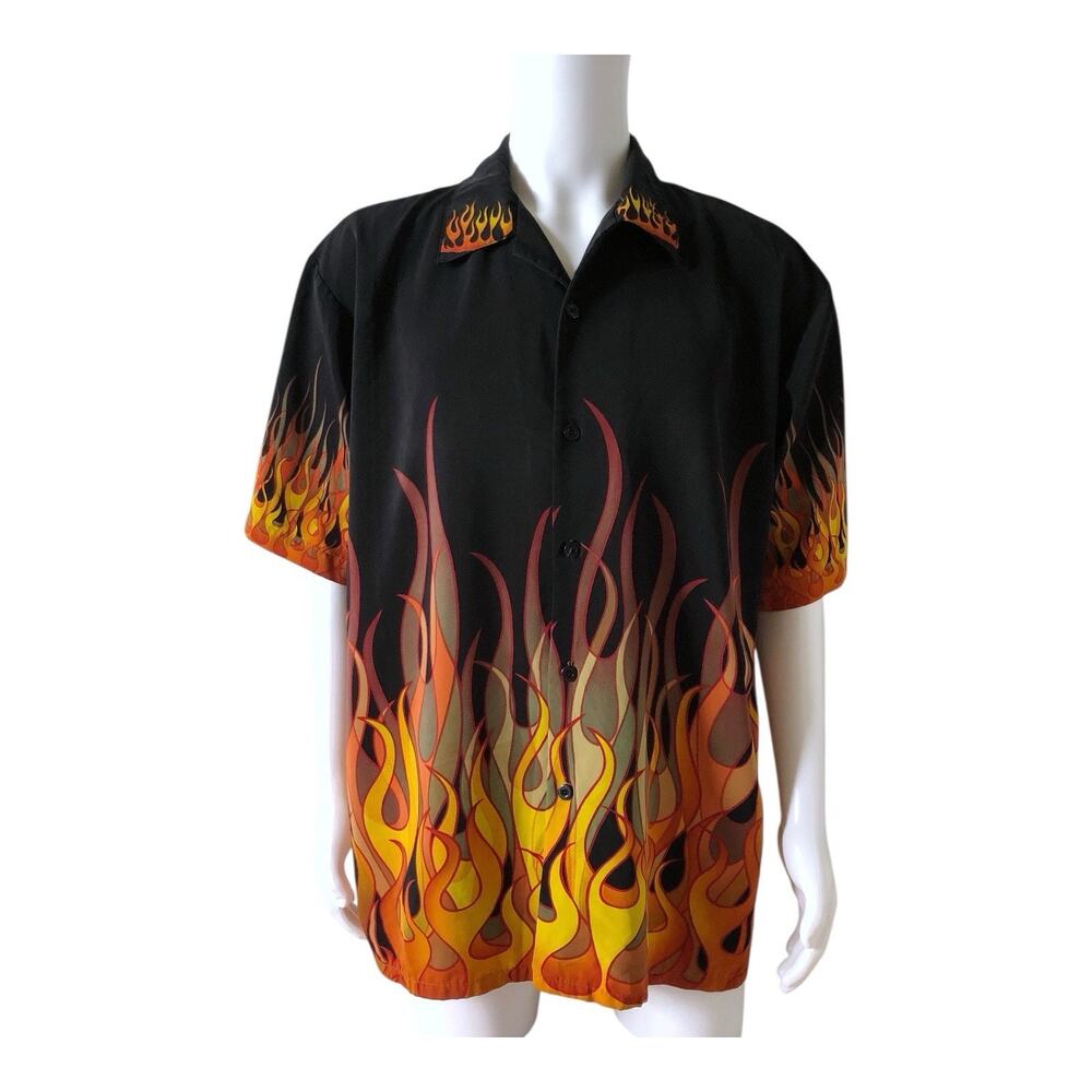 Dragonfly Button Up Shirt Mens XL Vintage Y2K Black Flame Hot Rod Rockabilly
